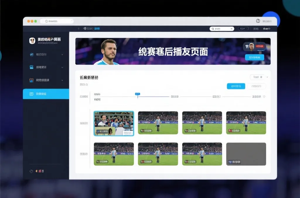 比赛结束后，电视屏幕展示集锦回放页面，旁边有时间轴和多角度切换提示